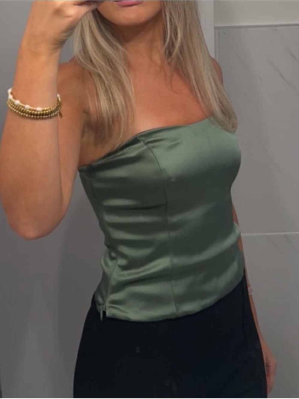 Abercrombie & Fitch Olive Green Satin Strapless Top - Picture 2 of 5